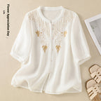 Artistic Retro Embroidery Five-quarter Sleeve Stand Collar Shirt For Women