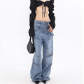 Zipper Multi-pocket Loose High Waist Wide Leg Straight Jeans