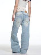 American Retro Washed Wide Leg Jeans Women's Low Waist Loose Straight
