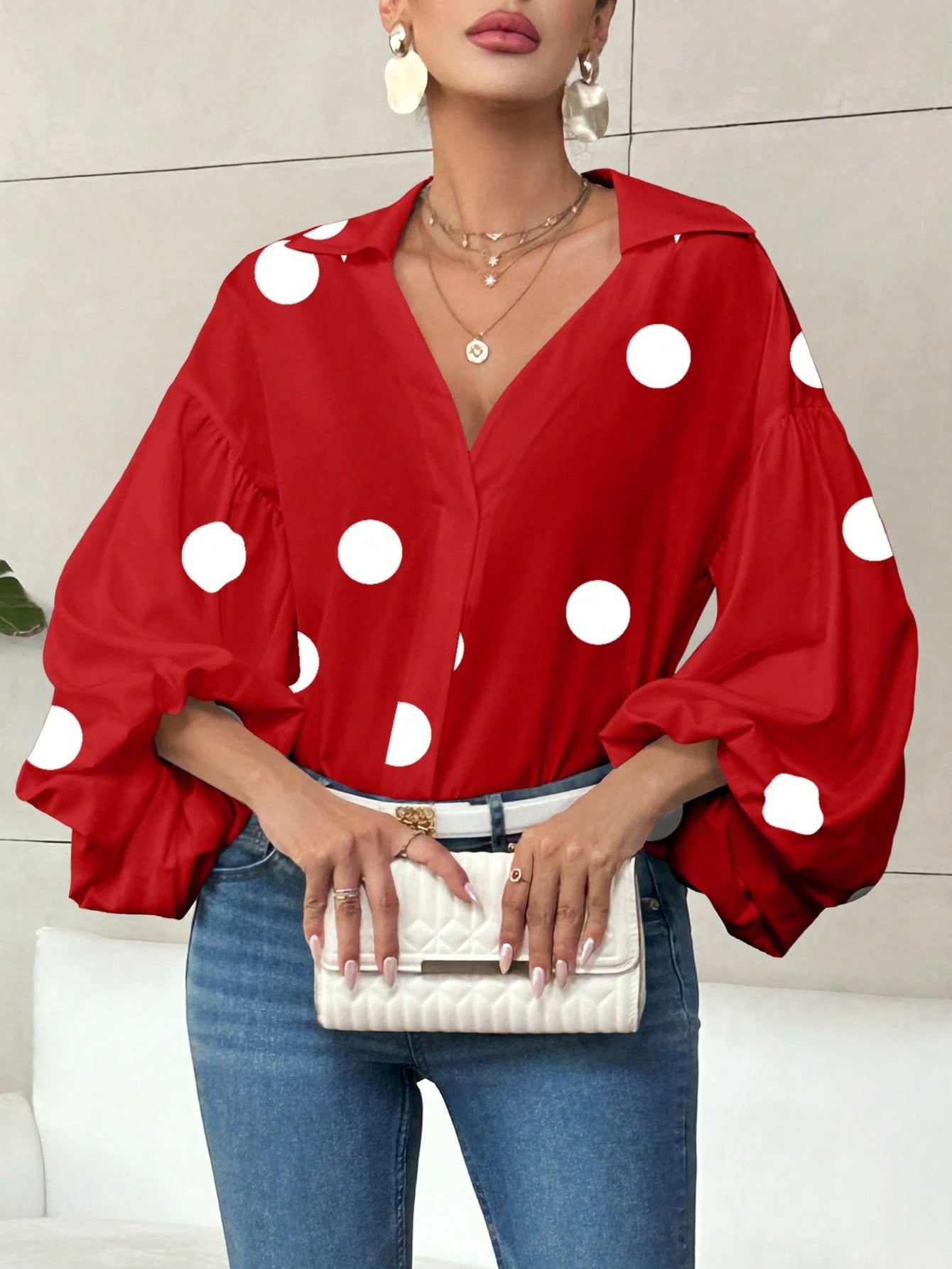 Niche Fashionable French Polka Dot Half-open Collar Design Loose Bubble Long Sleeve Top