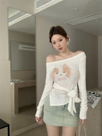 Women's Letter Rhinestone Shoulder Print Long Sleeve Slim-fit Lace Up