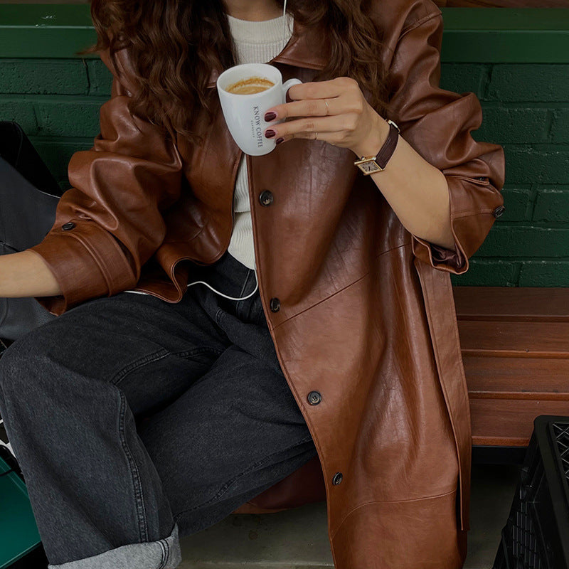 Retro Niche Lapel Waist Belt Single-breasted Long Leather Trench Coat