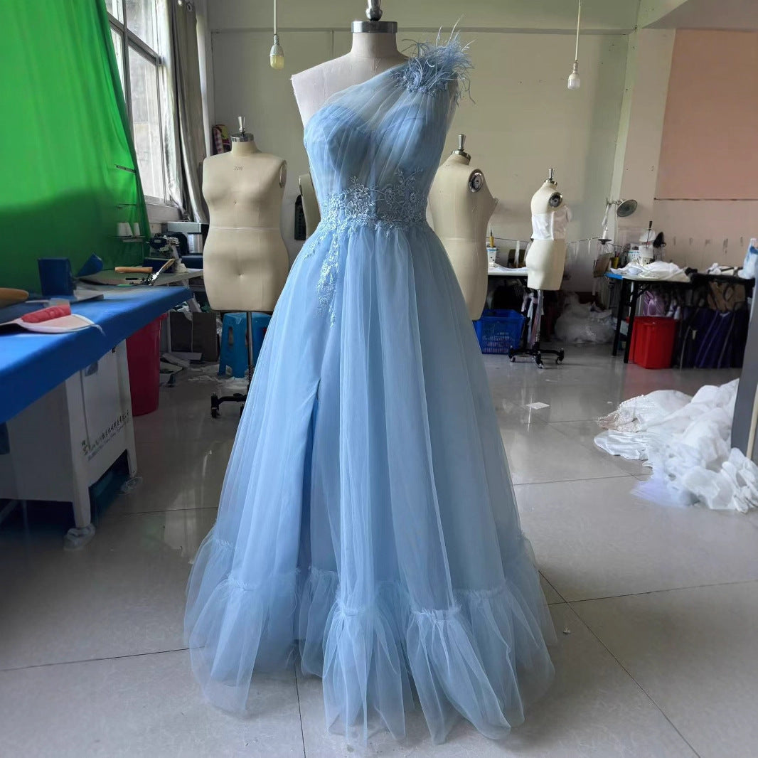 Blue One-shoulder Feather Wedding Dress
