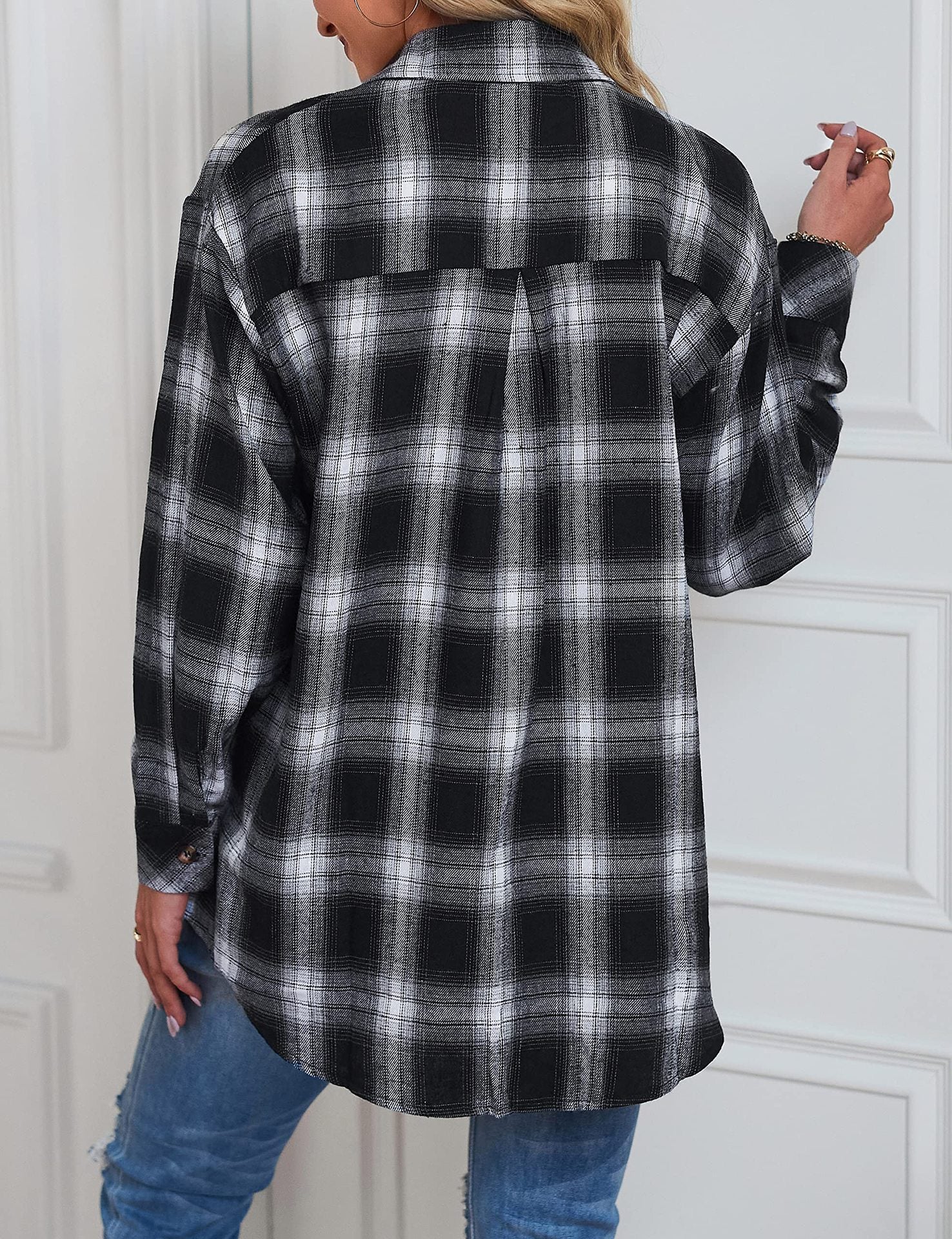 Plaid Long Sleeve Pocket Button Shirt Mid-length