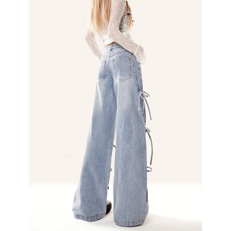 Bow Bandage Jeans For Women Loose-fitting Wide-leg Trousers
