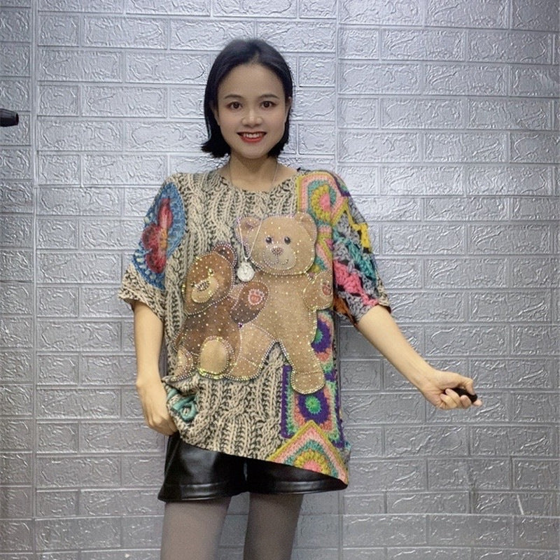 Diamond-embedded Design Printed Women's Loose Sweater Top