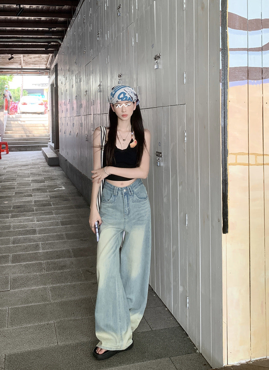 Worn Looking Washed-out Jeans Women's Loose Straight Wide Leg Slippers