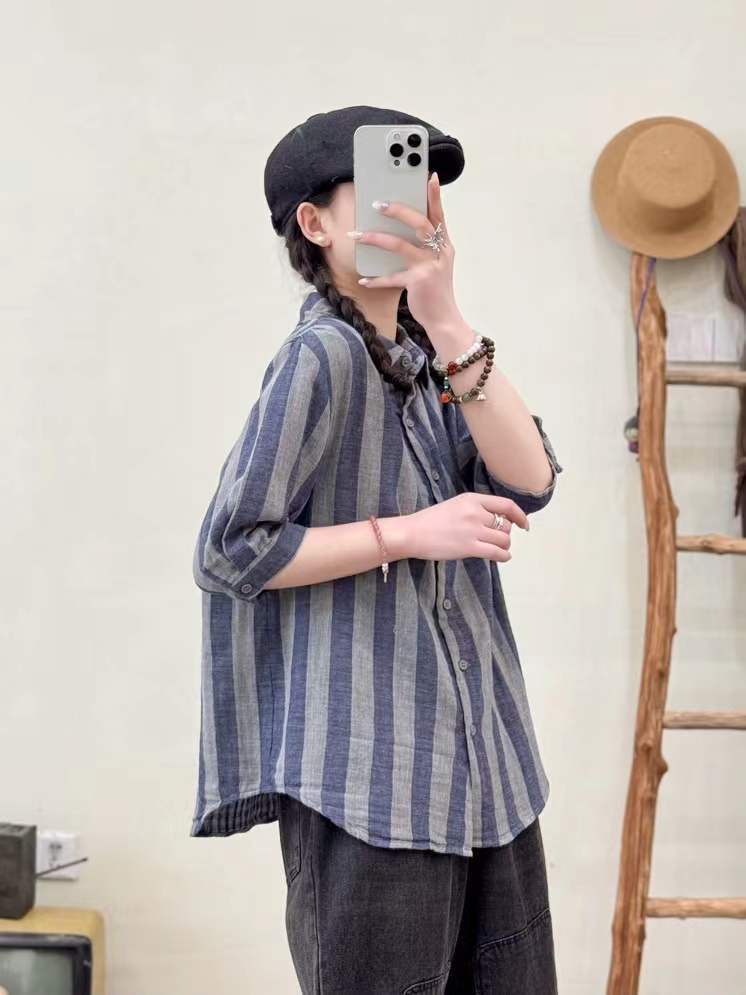 Wide Striped Printed Double-layer Yarn Loose Women's Cardigan Short Sleeve Shirt